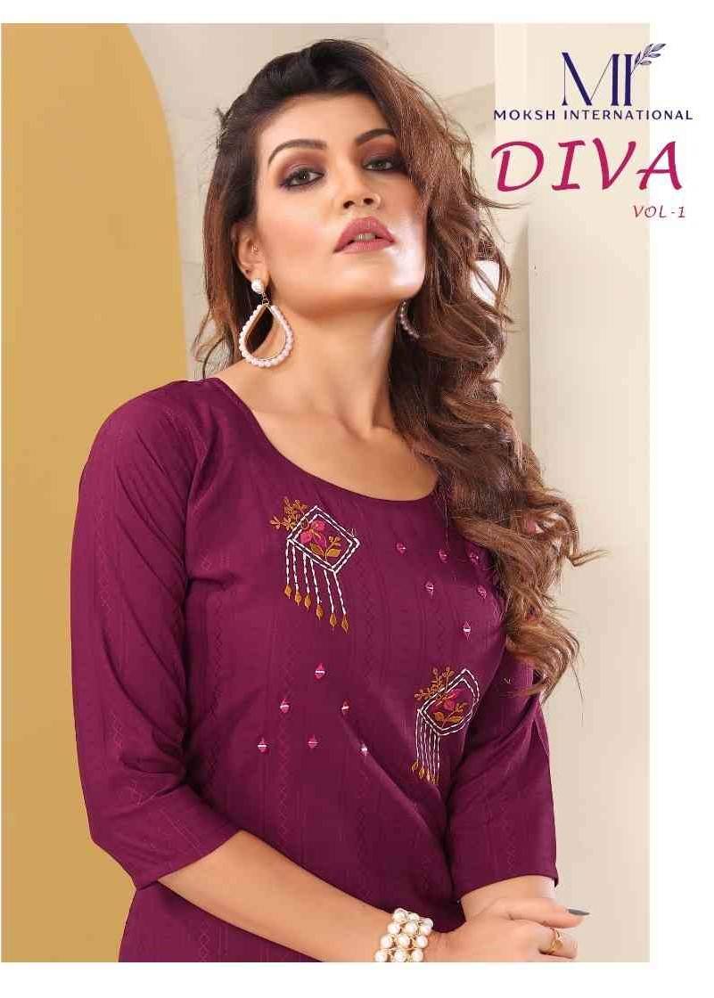 Diva Vol-1 By Moksh International 7601 To 7605 Series Designer Festive Suits Collection Beautiful Stylish Fancy Colorful Party Wear & Occasional Wear Silk Embroidered Kurtis At Wholesale Price