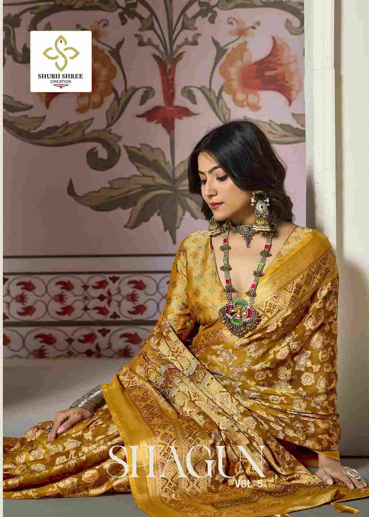 Shagun Vol-5 By Shubh Shree 5001 To 5008 Series Indian Traditional Wear Collection Beautiful Stylish Fancy Colorful Party Wear & Occasional Wear Dull Moss Brasso Sarees At Wholesale Price