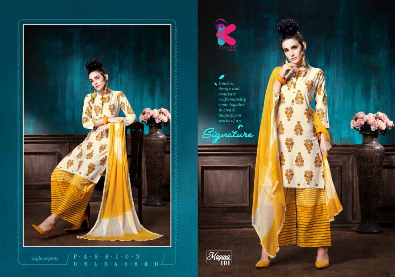 MAYURA BY KERSOM 101 TO 108 SERIES STYLISH FANCY BEAUTIFUL COLORFUL CASUAL WEAR & ETHNIC WEAR COTTON FLEX KURTIS AT WHOLESALE PRICE