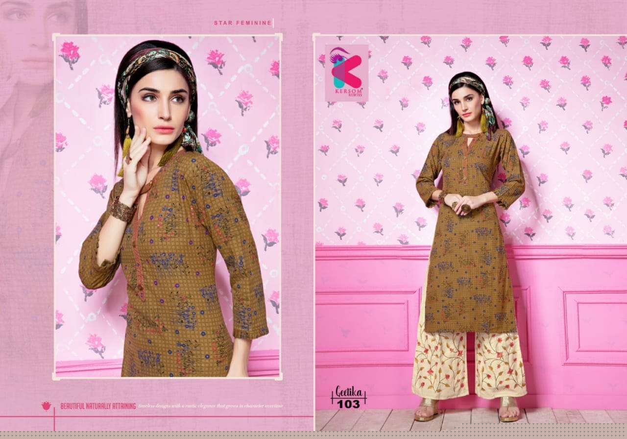 GEETIKA BY KERSOM 101 TO 108 SERIES STYLISH FANCY BEAUTIFUL COLORFUL CASUAL WEAR & ETHNIC WEAR HEAVY LINEN KURTIS AT WHOLESALE PRICE