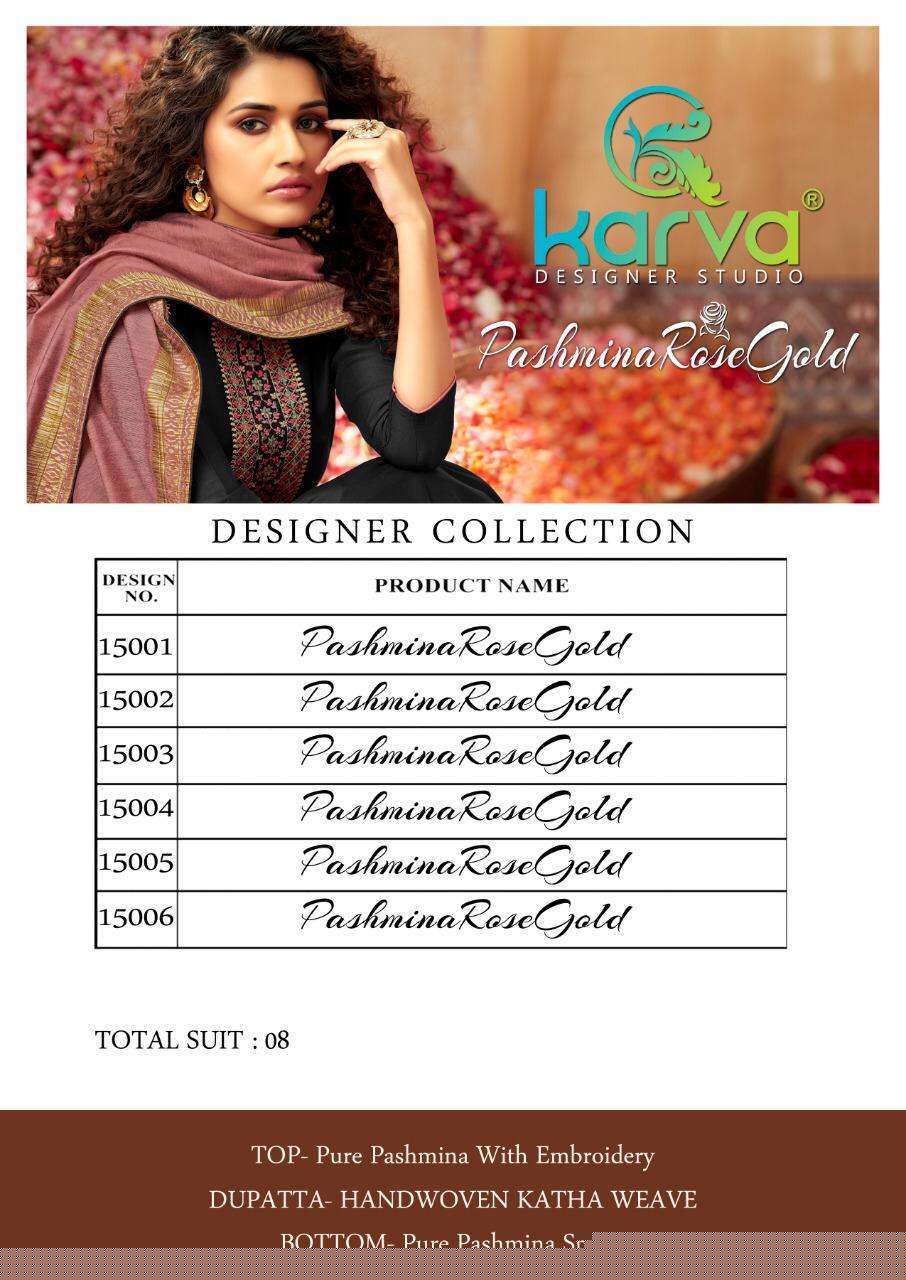PASHMINA ROSE GOLD BY KARVA DESIGNER STUDIO 15001 TO 15006 SERIES STYLISH BEAUTIFUL COLOURFUL PRINTED & EMBROIDERED PARTY WEAR & OCCASIONAL WEAR PURE PASHMINA WITH EMBROIDERY DRESSES AT WHOLESALE PRICE