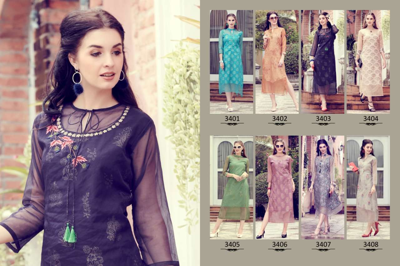 PUREGANZA BY SINZARA 3401 TO 3408 SERIES STYLISH FANCY BEAUTIFUL COLORFUL CASUAL WEAR & ETHNIC WEAR ORGANZA KURTIS AT WHOLESALE PRICE