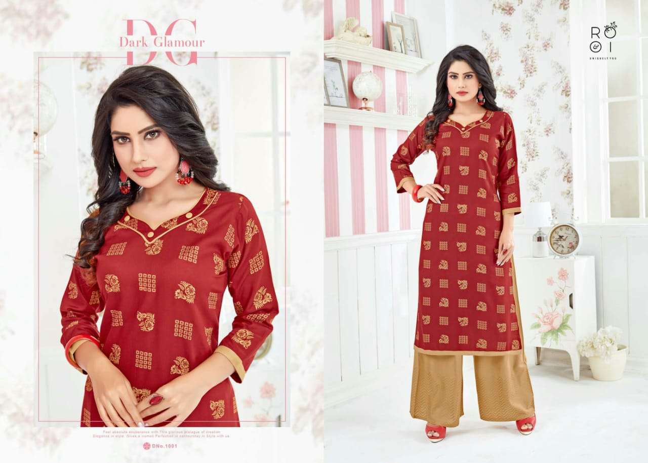 FESTIVE COLOURS BY ROOI 1001 TO 1006 SERIES BEAUTIFUL STYLISH FANCY COLORFUL CASUAL WEAR & ETHNIC WEAR & READY TO WEAR HEAVY RAYON GOLD PRINTED KURTIS AT WHOLESALE PRICE