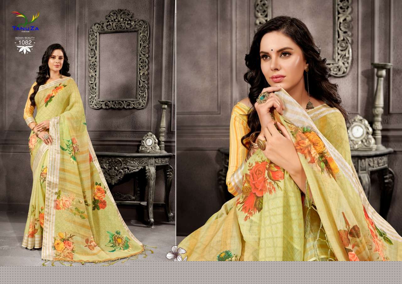 INDIAN BEAUTY VOL-5 BY TANUZA FASHION 1077 TO 1087 SERIES INDIAN TRADITIONAL WEAR COLLECTION BEAUTIFUL STYLISH FANCY COLORFUL PARTY WEAR & OCCASIONAL WEAR LINEN SAREES AT WHOLESALE PRICE