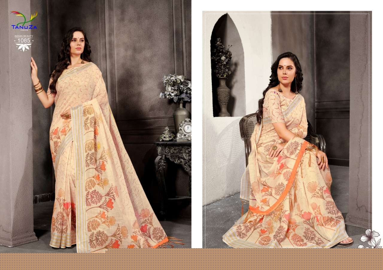 INDIAN BEAUTY VOL-5 BY TANUZA FASHION 1077 TO 1087 SERIES INDIAN TRADITIONAL WEAR COLLECTION BEAUTIFUL STYLISH FANCY COLORFUL PARTY WEAR & OCCASIONAL WEAR LINEN SAREES AT WHOLESALE PRICE