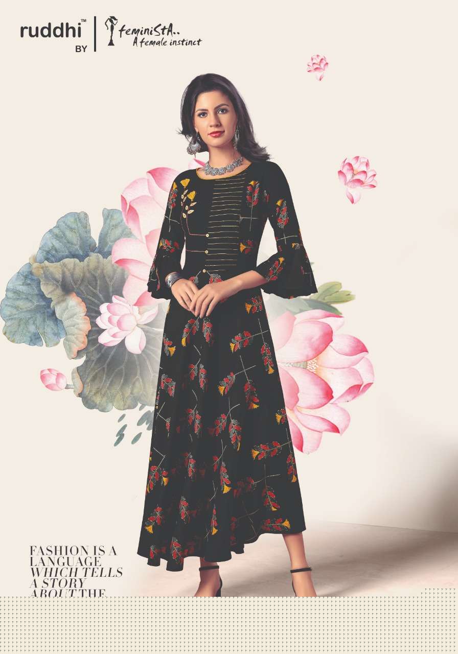 BLACK MAGIC BY FEMINISTA 1161 TO 1166 SERIES BEAUTIFUL STYLISH COLORFUL FANCY PARTY WEAR & ETHNIC WEAR & READY TO WEAR RAYON PRINT WITH FOIL KURTIS AT WHOLESALE PRICE