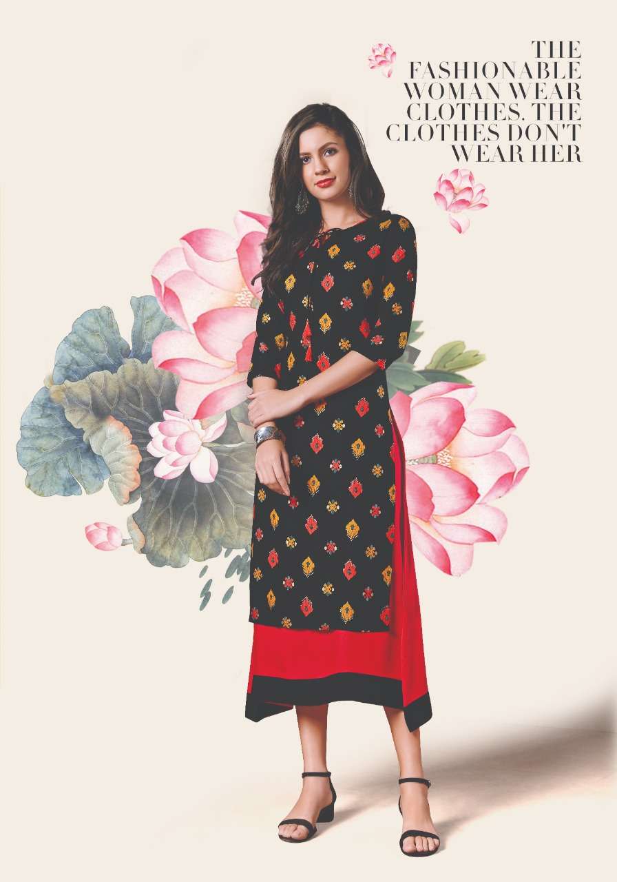 BLACK MAGIC BY FEMINISTA 1161 TO 1166 SERIES BEAUTIFUL STYLISH COLORFUL FANCY PARTY WEAR & ETHNIC WEAR & READY TO WEAR RAYON PRINT WITH FOIL KURTIS AT WHOLESALE PRICE