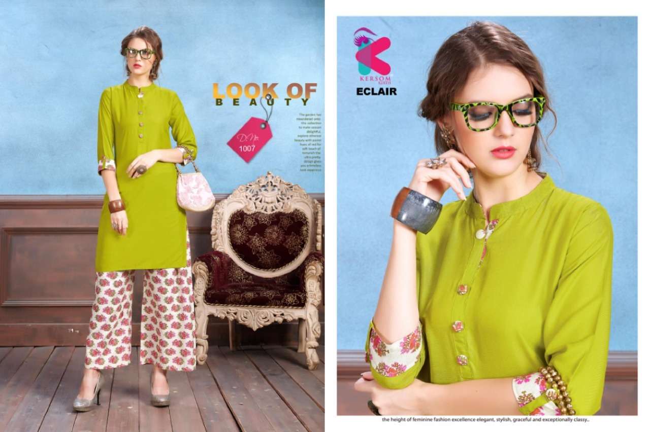 ECLAIR BY KERSOM 1001 TO 1008 SERIES STYLISH FANCY BEAUTIFUL COLORFUL CASUAL WEAR & ETHNIC WEAR HEAVY RAYON QUALITY KURTIS AT WHOLESALE PRICE