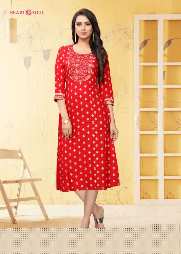 RED STORY BY HEART & SOUL 20098 TO 20102 SERIES BEAUTIFUL COLORFUL STYLISH FANCY CASUAL WEAR & ETHNIC WEAR & READY TO WEAR VISCOSE RAYON KURTIS AT WHOLESALE PRICE
