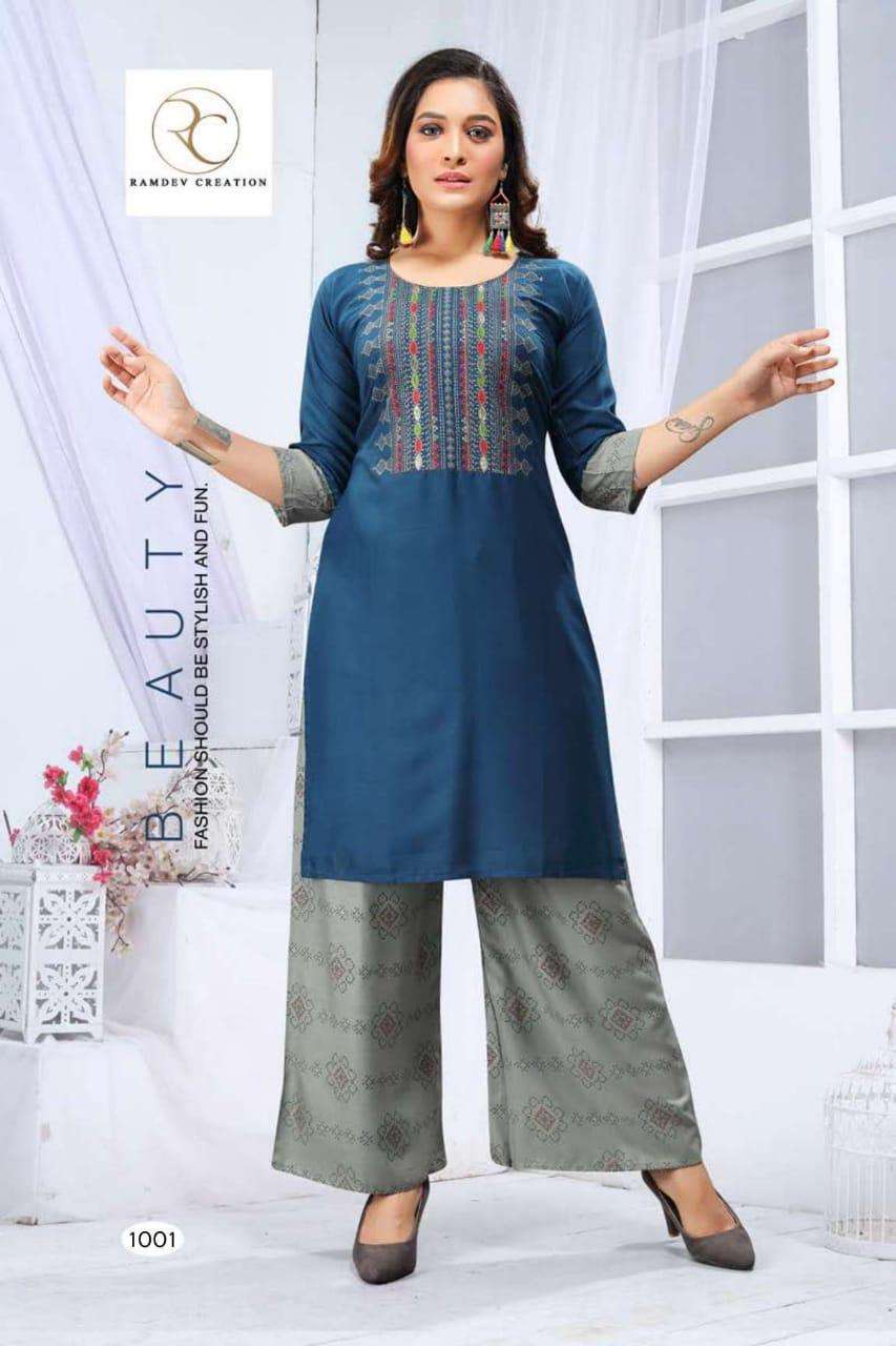 PRISHA BY RAMDEV CREATION 1001 TO 1006 SERIES BEAUTIFUL STYLISH COLORFUL FANCY PARTY WEAR & ETHNIC WEAR & READY TO WEAR RAYON EMBROIDERY KURTIS WITH BOTTOM AT WHOLESALE PRICE