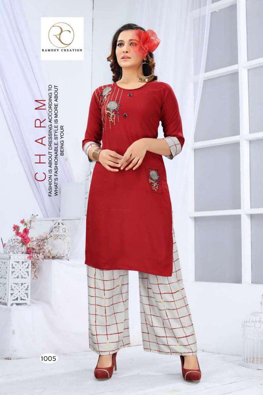 PRISHA BY RAMDEV CREATION 1001 TO 1006 SERIES BEAUTIFUL STYLISH COLORFUL FANCY PARTY WEAR & ETHNIC WEAR & READY TO WEAR RAYON EMBROIDERY KURTIS WITH BOTTOM AT WHOLESALE PRICE