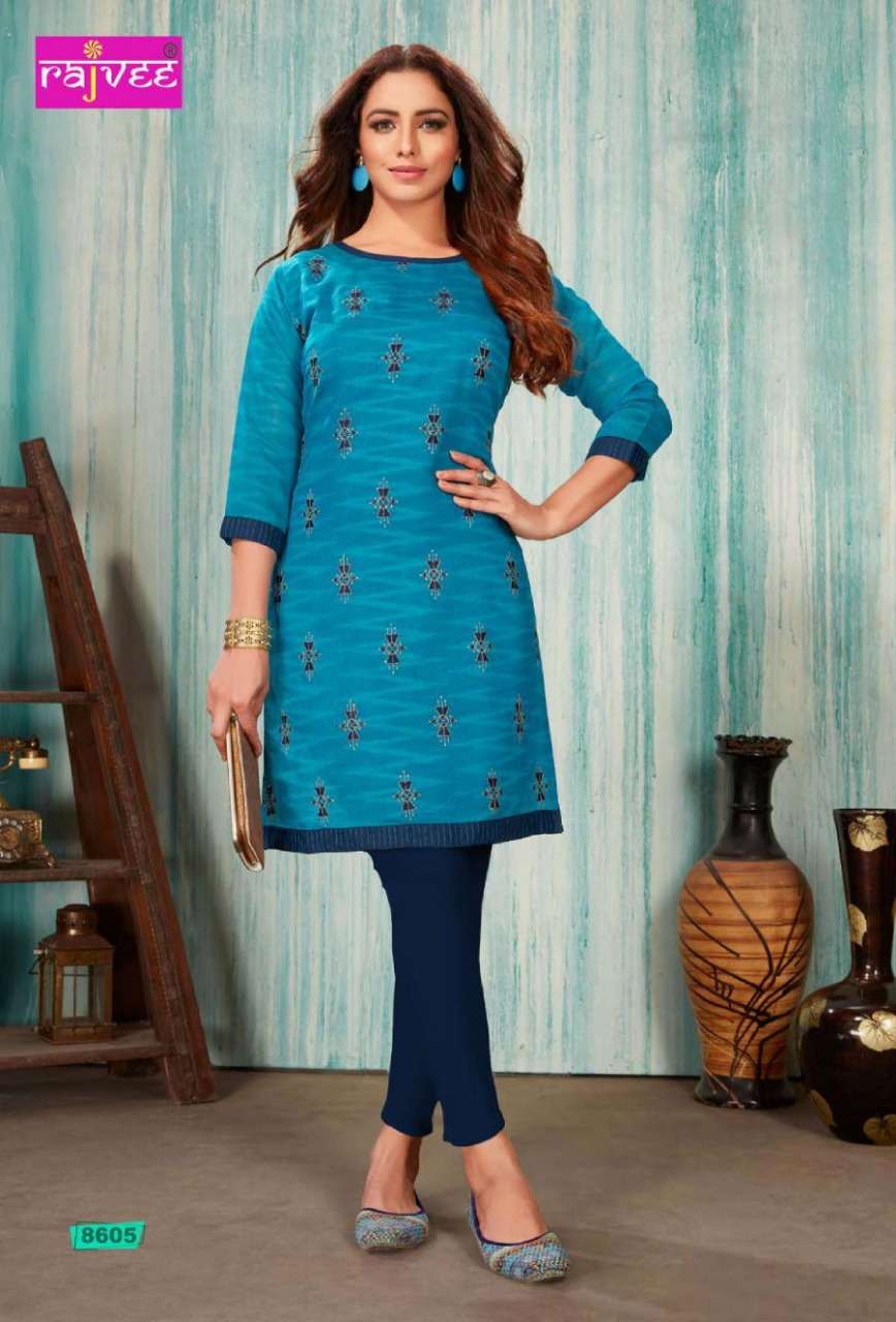 SPICE BY RAJVEE 8601 TO 8608 SERIES STYLISH FANCY BEAUTIFUL COLORFUL CASUAL WEAR & ETHNIC WEAR CHANDERI PRINTED SILK KURTIS AT WHOLESALE PRICE