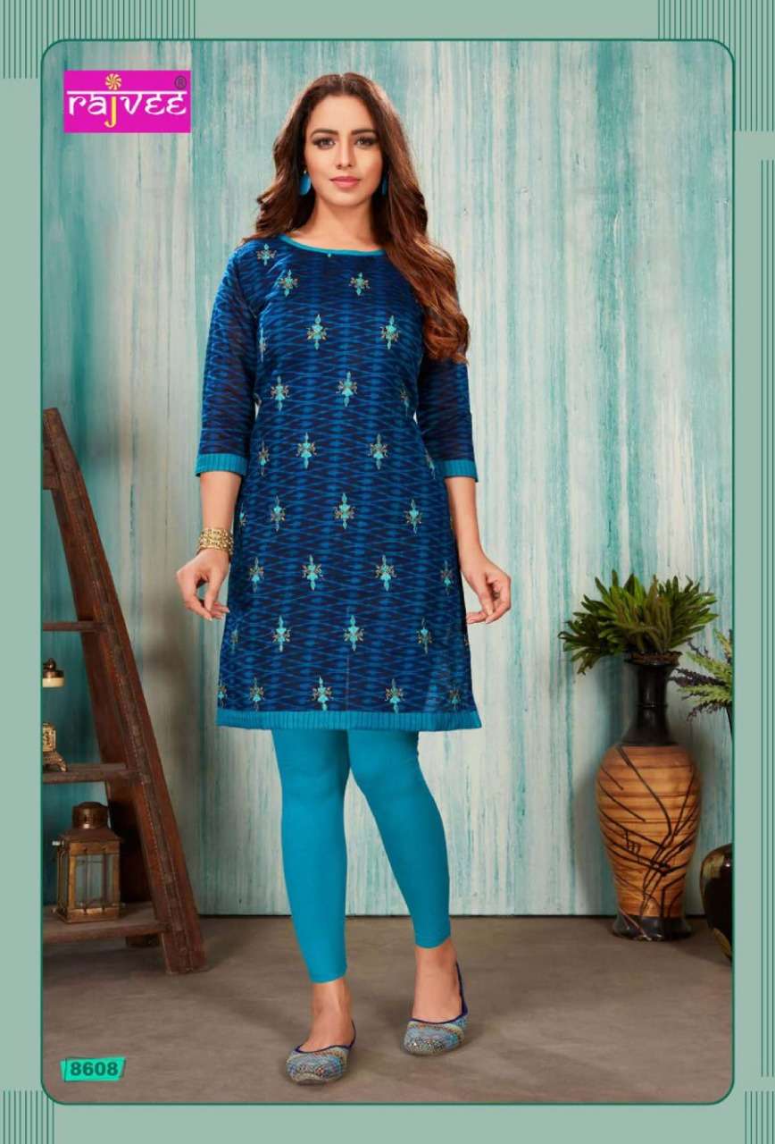 SPICE BY RAJVEE 8601 TO 8608 SERIES STYLISH FANCY BEAUTIFUL COLORFUL CASUAL WEAR & ETHNIC WEAR CHANDERI PRINTED SILK KURTIS AT WHOLESALE PRICE