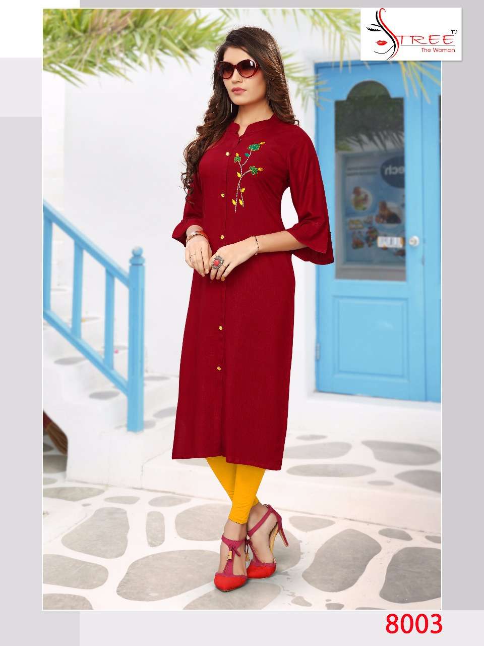 SITARA STEP VOL-8 BY STREE FASHION 8001 TO 8006 SERIES STYLISH FANCY BEAUTIFUL COLORFUL CASUAL WEAR & ETHNIC WEAR HEAVY RAYON SLUB WITH HAND WORK KURTIS AT WHOLESALE PRICE