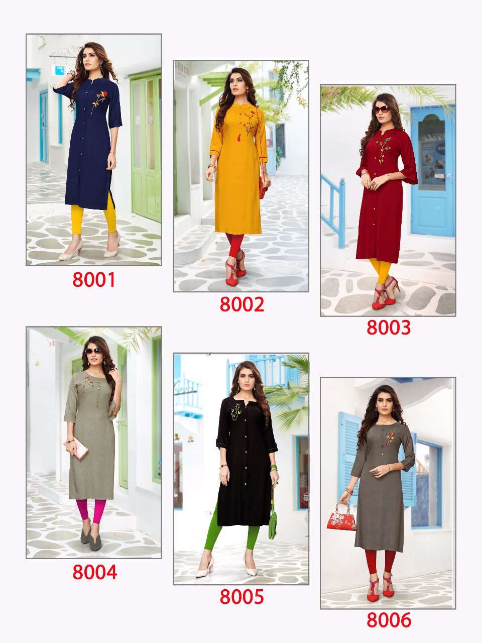 SITARA STEP VOL-8 BY STREE FASHION 8001 TO 8006 SERIES STYLISH FANCY BEAUTIFUL COLORFUL CASUAL WEAR & ETHNIC WEAR HEAVY RAYON SLUB WITH HAND WORK KURTIS AT WHOLESALE PRICE