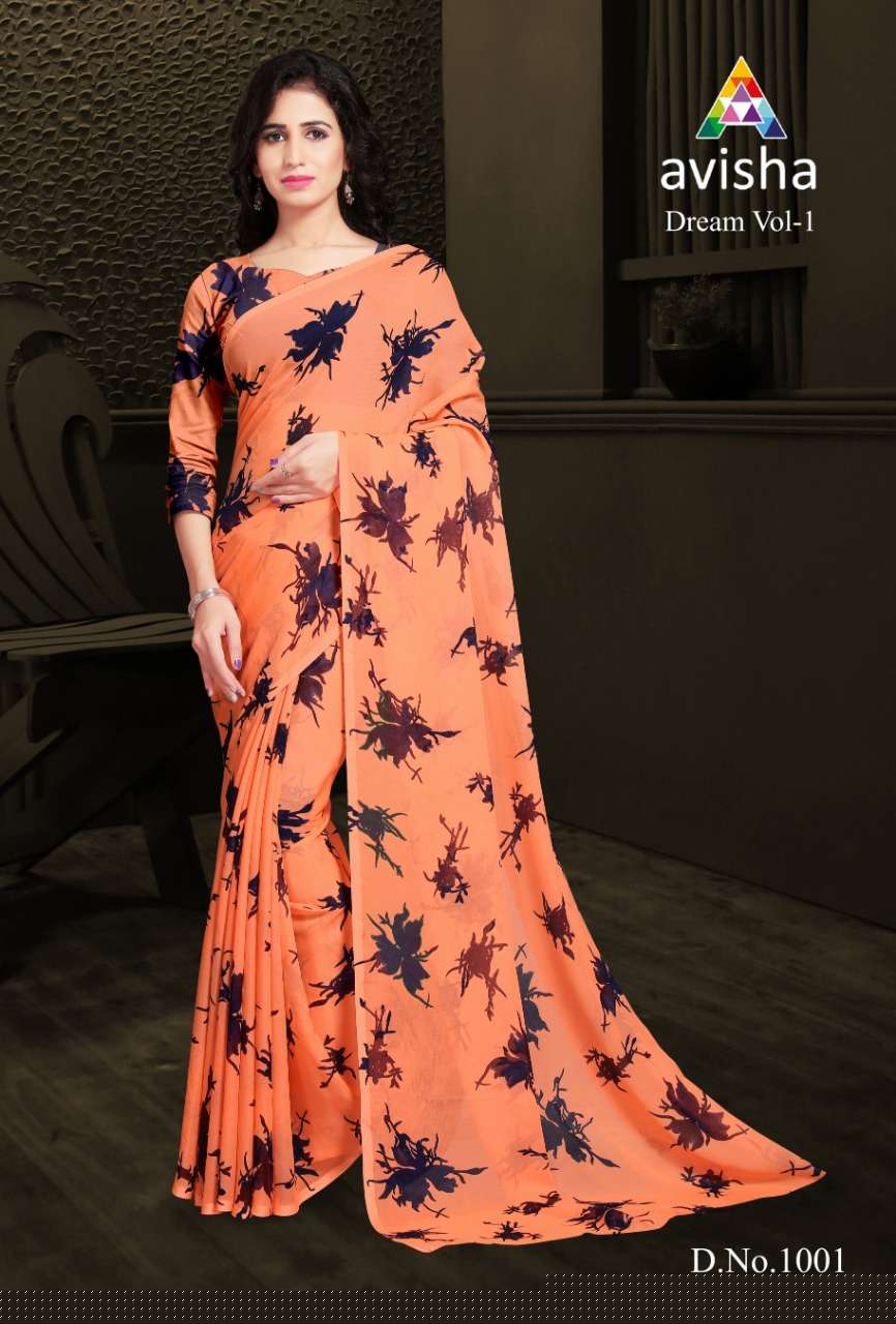 DREAM BY AVISHA INDIAN TRADITIONAL WEAR COLLECTION BEAUTIFUL STYLISH FANCY COLORFUL PARTY WEAR & OCCASIONAL WEAR GEORGETTE SAREES AT WHOLESALE PRICE