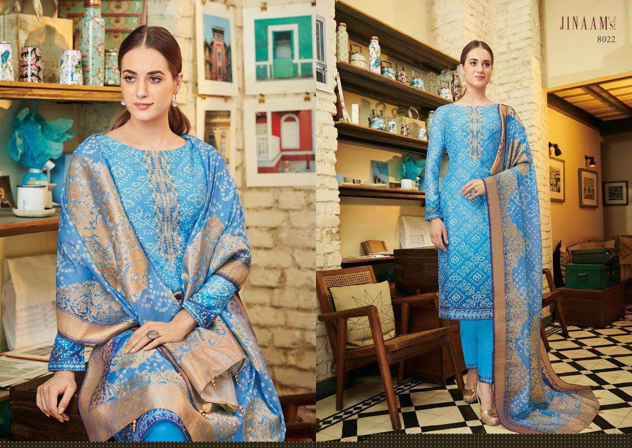 JINAAM URMIKA BY JINAAM DRESSE 8020 TO 8025 SERIES BEAUTIFUL SUITS STYLISH FANCY COLORFUL PARTY WEAR & ETHNIC WEAR RUSSIANM SILK DIGITAL PRINTED WITH EMBROIDERED DRESSES AT WHOLESALE PRICE