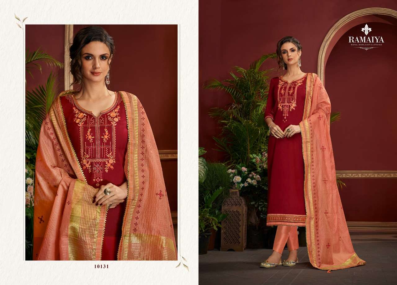 PALKHI BY RAMAIYA 10131 TO 10135 SERIES DESIGNER SUITS COLLECTION BEAUTIFUL STYLISH FANCY COLORFUL PARTY WEAR & OCCASIONAL WEAR JAM SILK EMBROIDERED DRESSES AT WHOLESALE PRICE