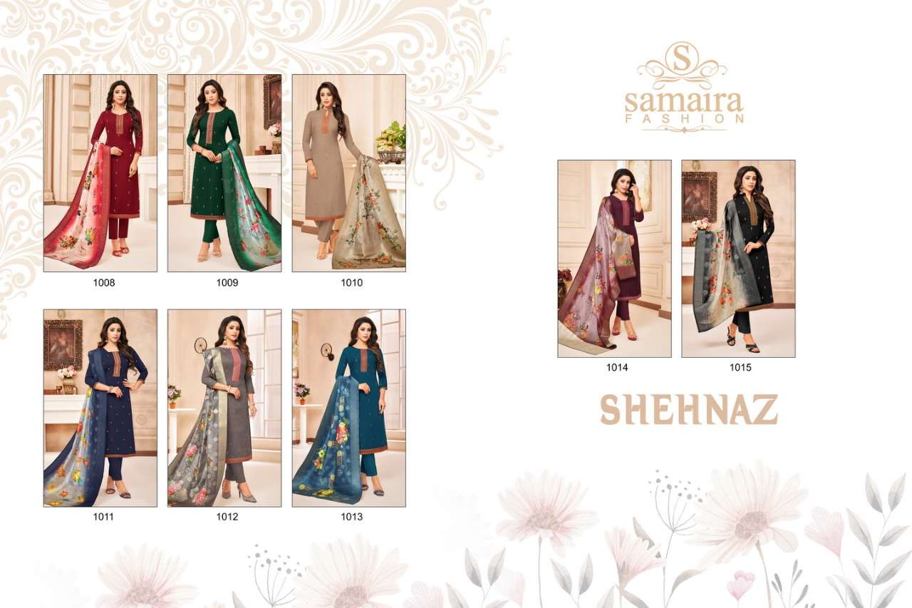 SHEHNAZ BY SAMAIRA FASHION 1008 TO 1015 SERIES DESIGNER SUITS COLLECTION BEAUTIFUL STYLISH FANCY COLORFUL PARTY WEAR & OCCASIONAL WEAR MUSLIN SILK WITH EMBROIDERY DRESSES AT WHOLESALE PRICE