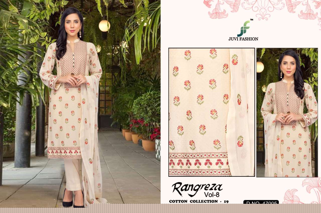 RANGREZA VOL-8 BY JUVI FASHION 47001 TO 47006 SERIES DESIGNER PAKISTANI SUITS COLLECTION BEAUTIFUL STYLISH FANCY COLORFUL PARTY WEAR & OCCASIONAL WEAR CAMBRIC COTTON WITH EMBROIDERY DRESSES AT WHOLESALE PRICE