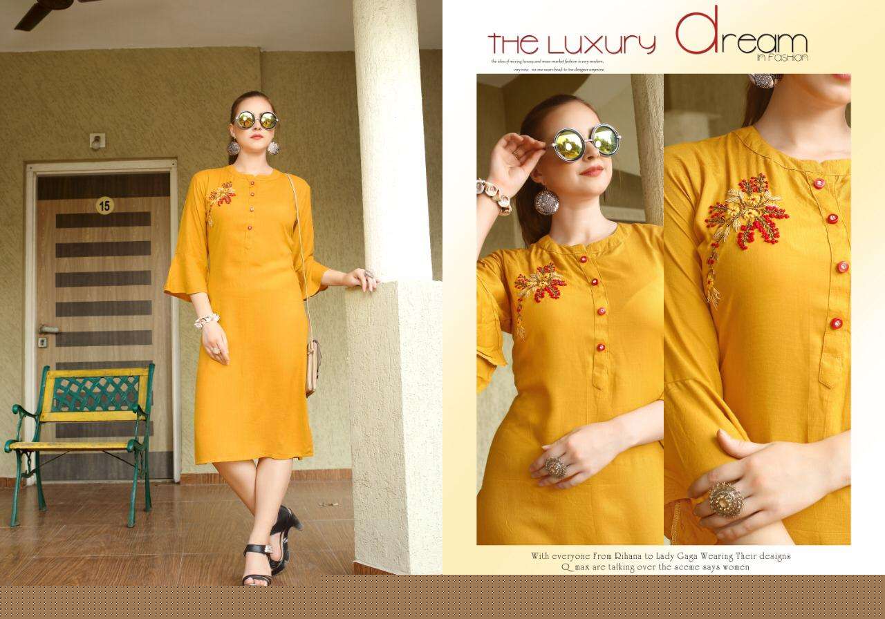 QUEEN BY POORVI DESIGNER 1001 TO 1006 SERIES STYLISH FANCY BEAUTIFUL COLORFUL CASUAL WEAR & ETHNIC WEAR RAYON SLUB HANDWORKED KURTIS AT WHOLESALE PRICE