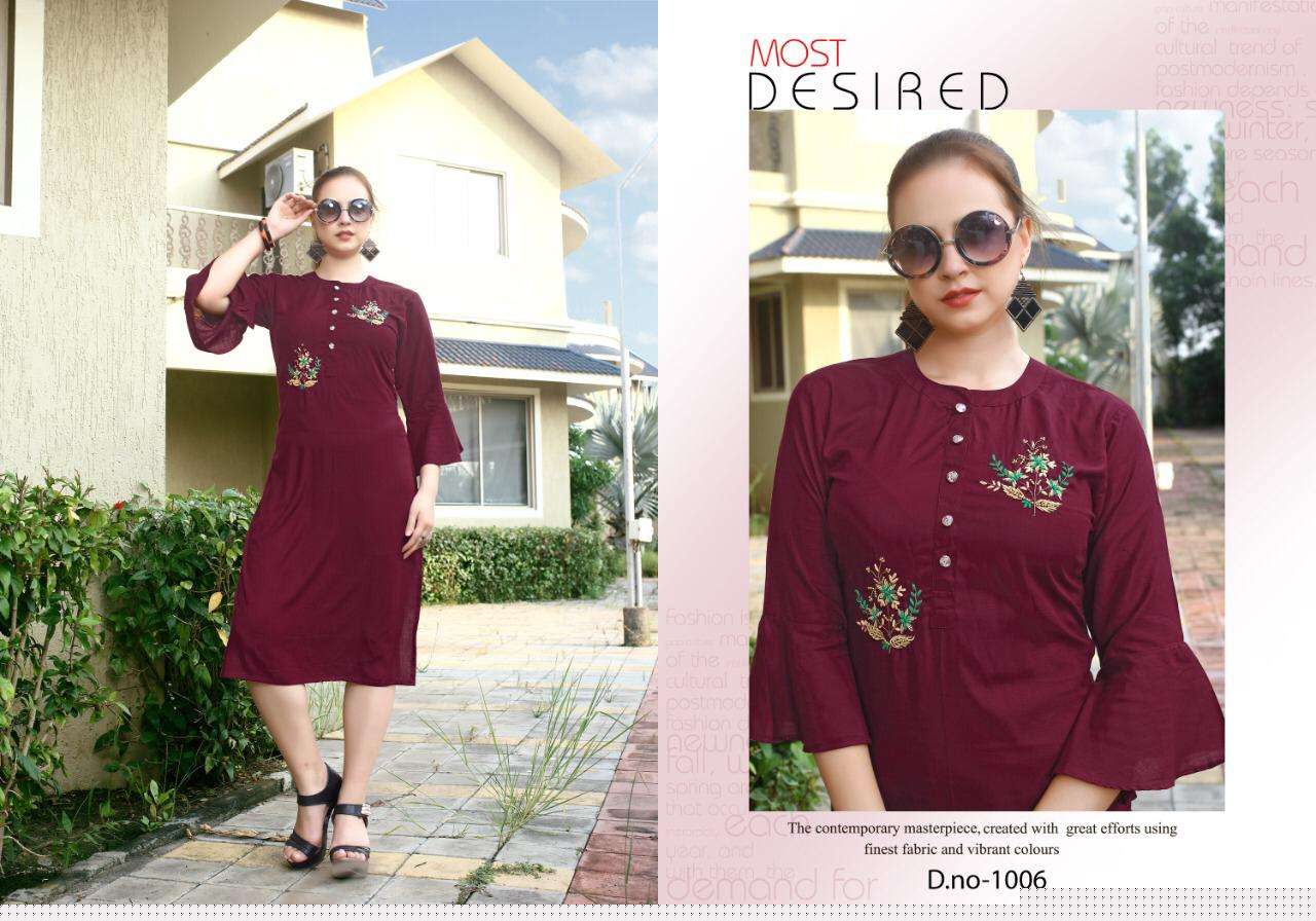 QUEEN BY POORVI DESIGNER 1001 TO 1006 SERIES STYLISH FANCY BEAUTIFUL COLORFUL CASUAL WEAR & ETHNIC WEAR RAYON SLUB HANDWORKED KURTIS AT WHOLESALE PRICE