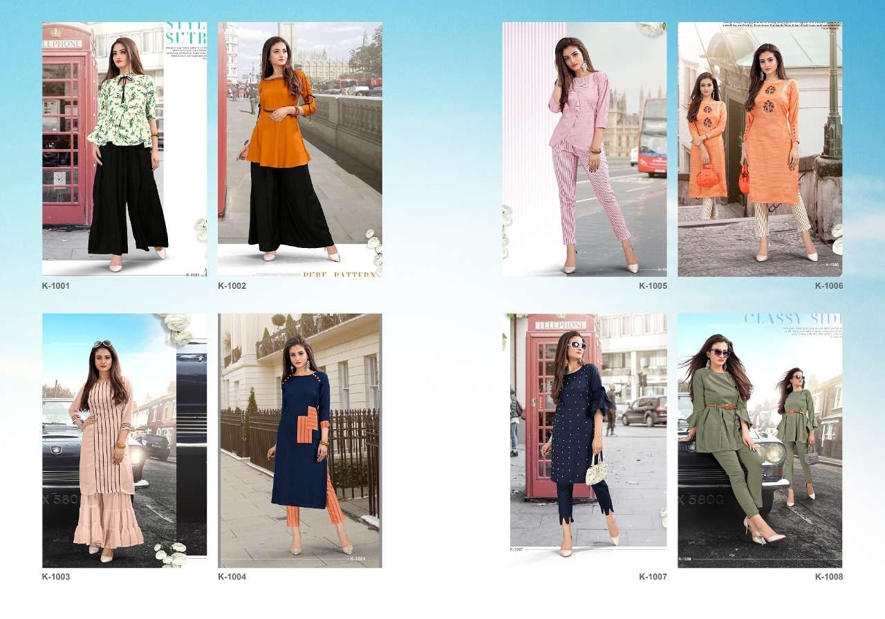 LONDON LOVE BY KJ COTTON 1001 TO 1008 SERIES DESIGNER BEAUTIFUL STYLISH FANCY COLORFUL PARTY WEAR & OCCASIONAL WEAR GEORGETTE/RAYON/COTTON PRINTED KURTIS WITH BOTTOM AT WHOLESALE PRICE