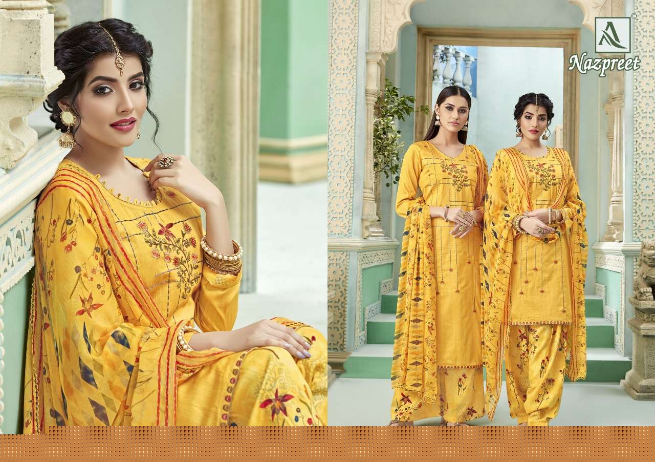 NAZPREET BY ALOK SUITS 327-001 TO 327-008 SERIES DESIGNER SUITS BEAUTIFUL FANCY STYLISH COLORFUL PARTY WEAR & OCCASIONAL WEAR PURE JAM COTTON SELF PRINTED WITH EMBROIDERED DRESSES AT WHOLESALE PRICE