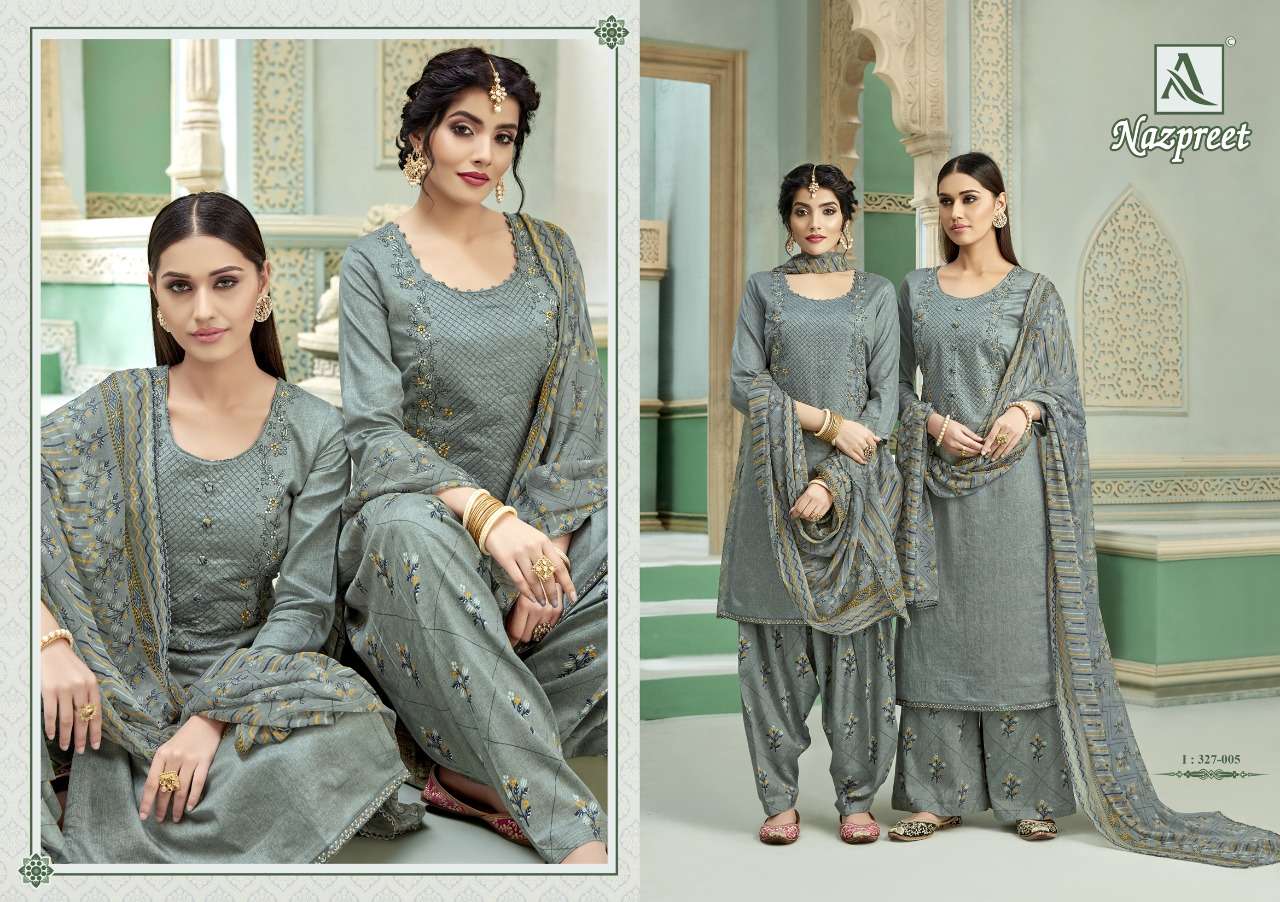 NAZPREET BY ALOK SUITS 327-001 TO 327-008 SERIES DESIGNER SUITS BEAUTIFUL FANCY STYLISH COLORFUL PARTY WEAR & OCCASIONAL WEAR PURE JAM COTTON SELF PRINTED WITH EMBROIDERED DRESSES AT WHOLESALE PRICE
