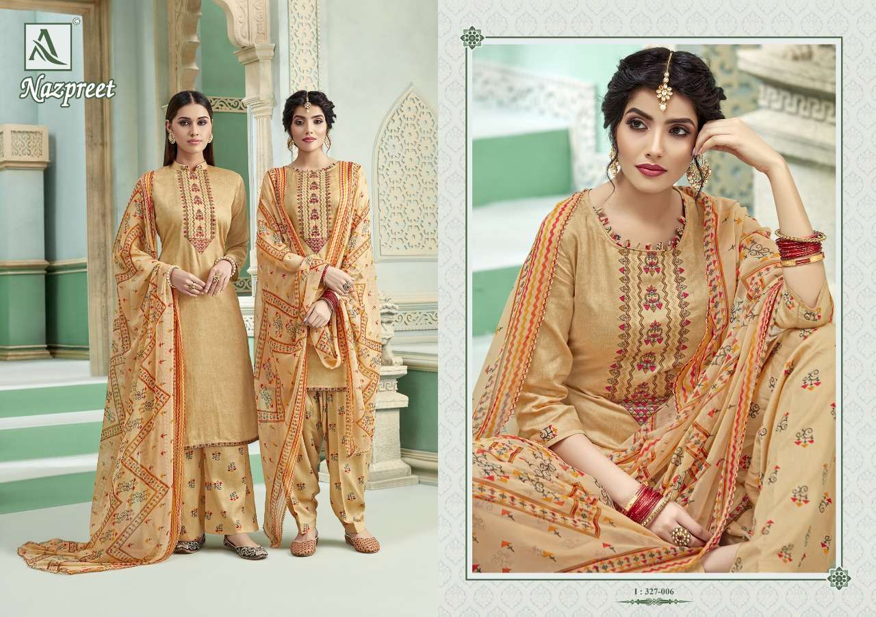NAZPREET BY ALOK SUITS 327-001 TO 327-008 SERIES DESIGNER SUITS BEAUTIFUL FANCY STYLISH COLORFUL PARTY WEAR & OCCASIONAL WEAR PURE JAM COTTON SELF PRINTED WITH EMBROIDERED DRESSES AT WHOLESALE PRICE