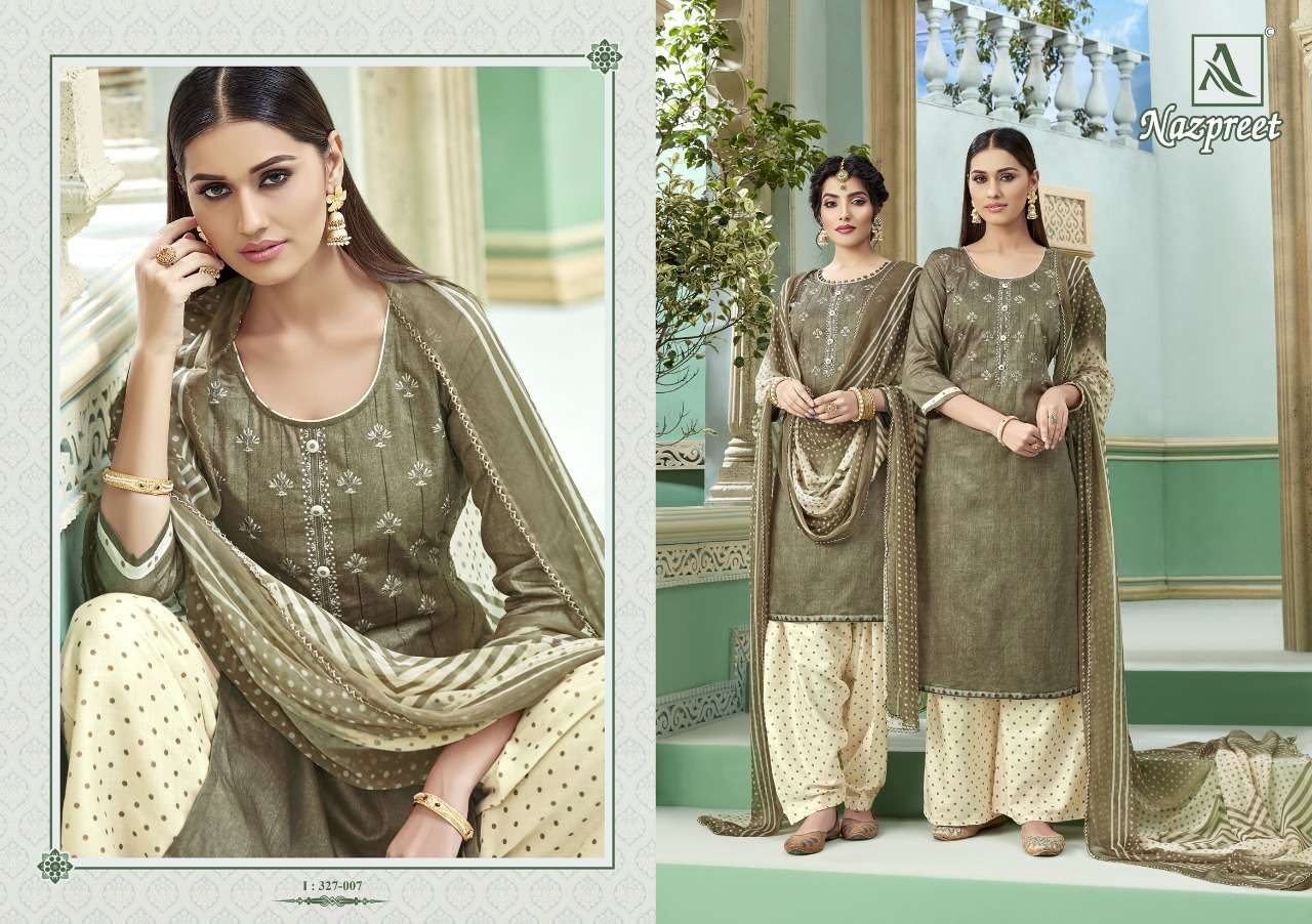 NAZPREET BY ALOK SUITS 327-001 TO 327-008 SERIES DESIGNER SUITS BEAUTIFUL FANCY STYLISH COLORFUL PARTY WEAR & OCCASIONAL WEAR PURE JAM COTTON SELF PRINTED WITH EMBROIDERED DRESSES AT WHOLESALE PRICE