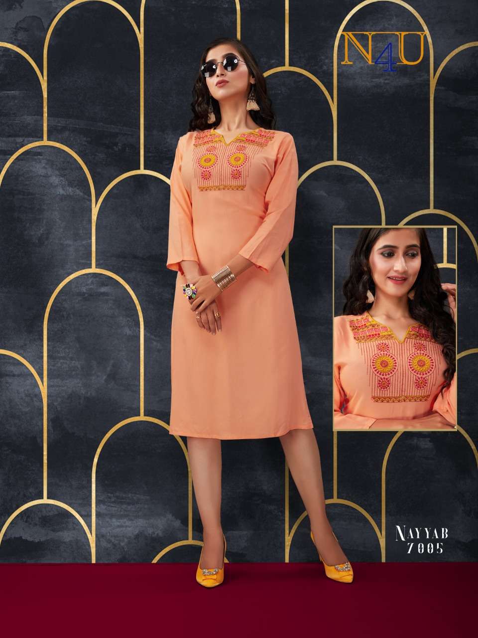 NAYYAB BY N4U 7001 TO 7007 SERIES BEAUTIFUL STYLISH FANCY COLORFUL CASUAL WEAR & ETHNIC WEAR & READY TO WEAR RAYON EMBROIDERY KURTIS AT WHOLESALE PRICE