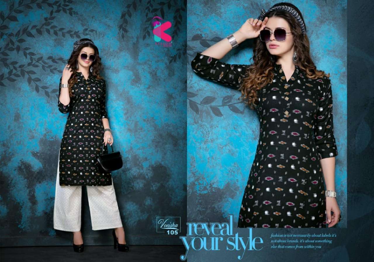 VENISHA BY KERSOM 101 TO 108 SERIES STYLISH FANCY BEAUTIFUL COLORFUL CASUAL WEAR & ETHNIC WEAR LINEN IKAT PRINTED KURTIS AT WHOLESALE PRICE
