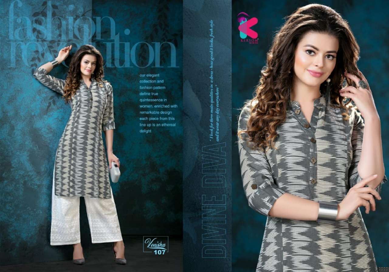 VENISHA BY KERSOM 101 TO 108 SERIES STYLISH FANCY BEAUTIFUL COLORFUL CASUAL WEAR & ETHNIC WEAR LINEN IKAT PRINTED KURTIS AT WHOLESALE PRICE
