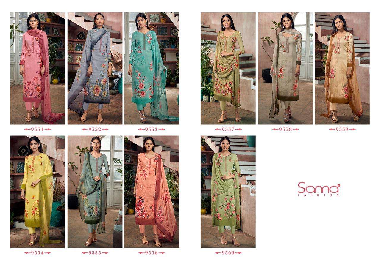 NEERJA BY SANNA FASHION 9551 TO 9560 SERIES BEAUTIFUL SUITS STYLISH FANCY COLORFUL PARTY WEAR & OCCASIONAL WEAR PURE JAM COTTON SILK PRINTED WITH EMBROIDERED DRESSES AT WHOLESALE PRICE