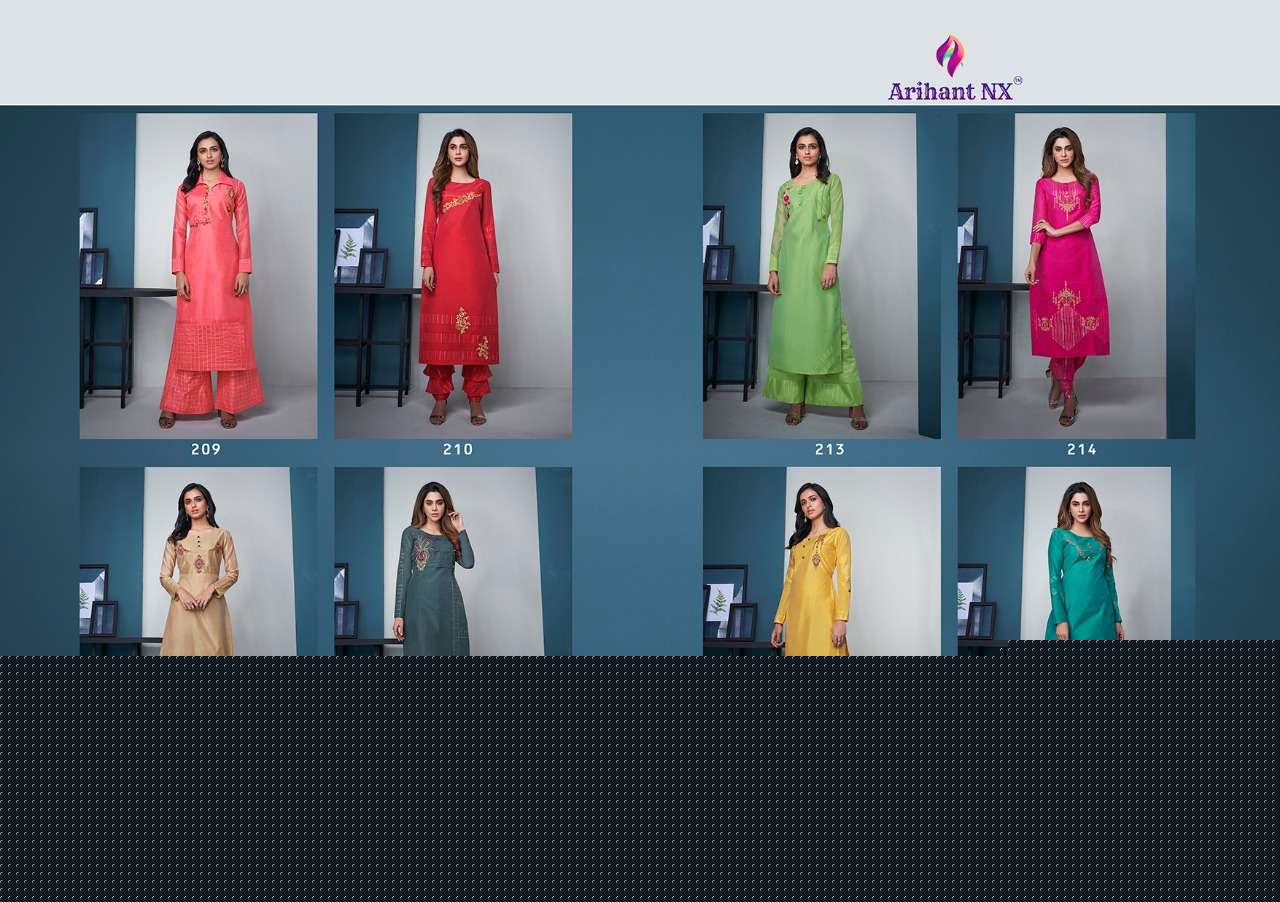 MEHAR VOL-2 BY ARIHANT NX 209 TO 216 SERIES BEAUTIFUL COLORFUL STYLISH FANCY CASUAL WEAR & READY TO WEAR PURE MODAL SILK EMBROIDERED KURTIS WITH BOTTOM AT WHOLESALE PRICE