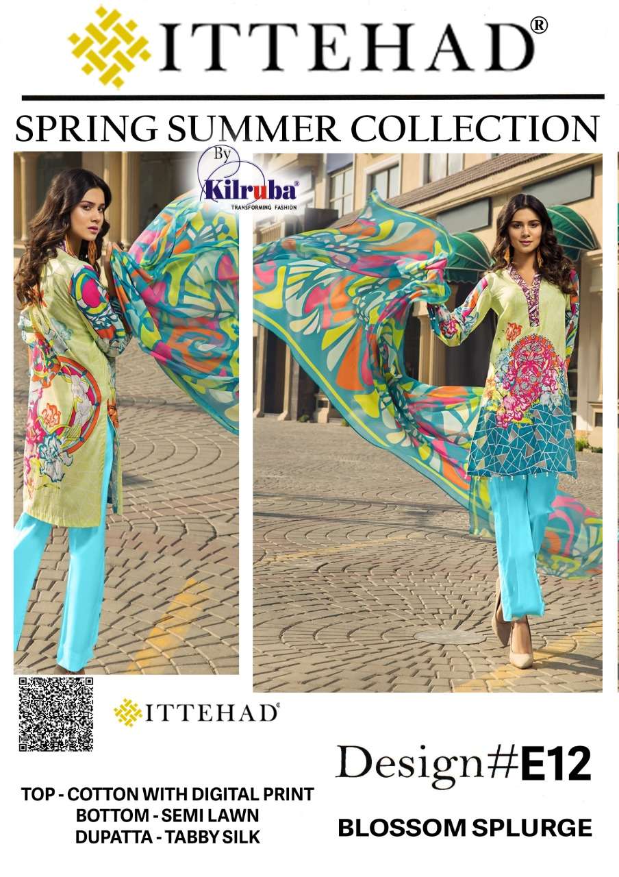 ITTEHAD BY KILRUBA E-10 TO E-12 SERIES DESIGNER PAKISTANI SUITS BEAUTIFUL STYLISH FANCY COLORFUL PARTY WEAR & ETHNIC WEAR COTTON WITH DIGITAL PRINT DRESSES AT WHOLESALE PRICE