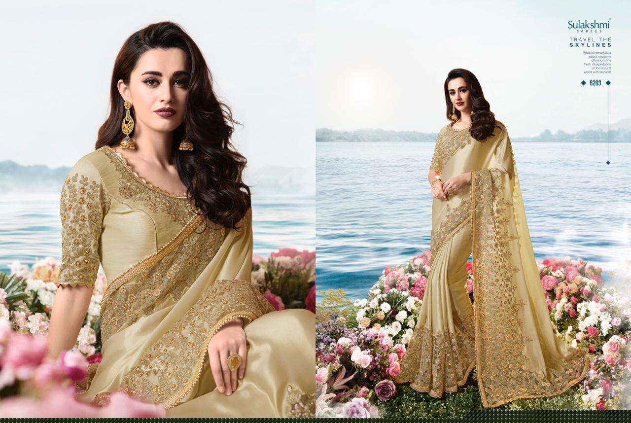 AAKASHI BY SULAKSHMI 6201 TO 6214 SERIES INDIAN TRADITIONAL WEAR COLLECTION BEAUTIFUL STYLISH FANCY COLORFUL PARTY WEAR & OCCASIONAL WEAR FANCY EMBROIDERED SAREES AT WHOLESALE PRICE