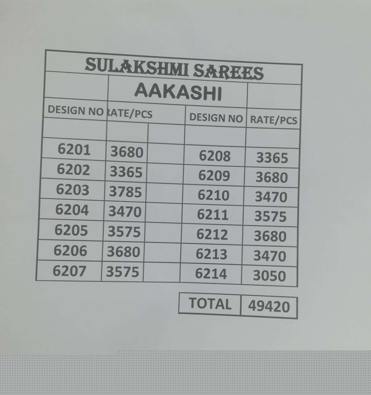 AAKASHI BY SULAKSHMI 6201 TO 6214 SERIES INDIAN TRADITIONAL WEAR COLLECTION BEAUTIFUL STYLISH FANCY COLORFUL PARTY WEAR & OCCASIONAL WEAR FANCY EMBROIDERED SAREES AT WHOLESALE PRICE