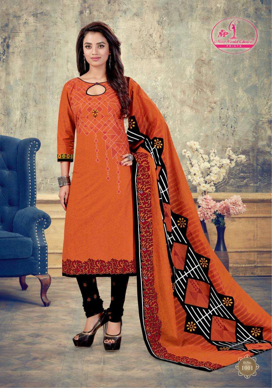SAHELI BY MISS WORLD CHOICE 1001 TO 1012 SERIES BEAUTIFUL SUITS STYLISH FANCY COLORFUL PARTY WEAR & OCCASIONAL WEAR COTTON PRINTED DRESSES AT WHOLESALE PRICE