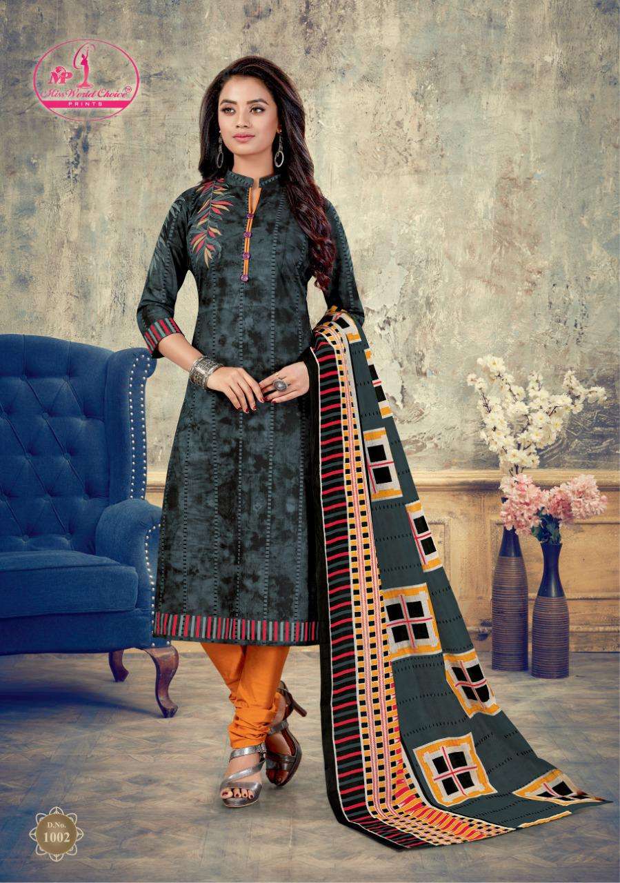 SAHELI BY MISS WORLD CHOICE 1001 TO 1012 SERIES BEAUTIFUL SUITS STYLISH FANCY COLORFUL PARTY WEAR & OCCASIONAL WEAR COTTON PRINTED DRESSES AT WHOLESALE PRICE