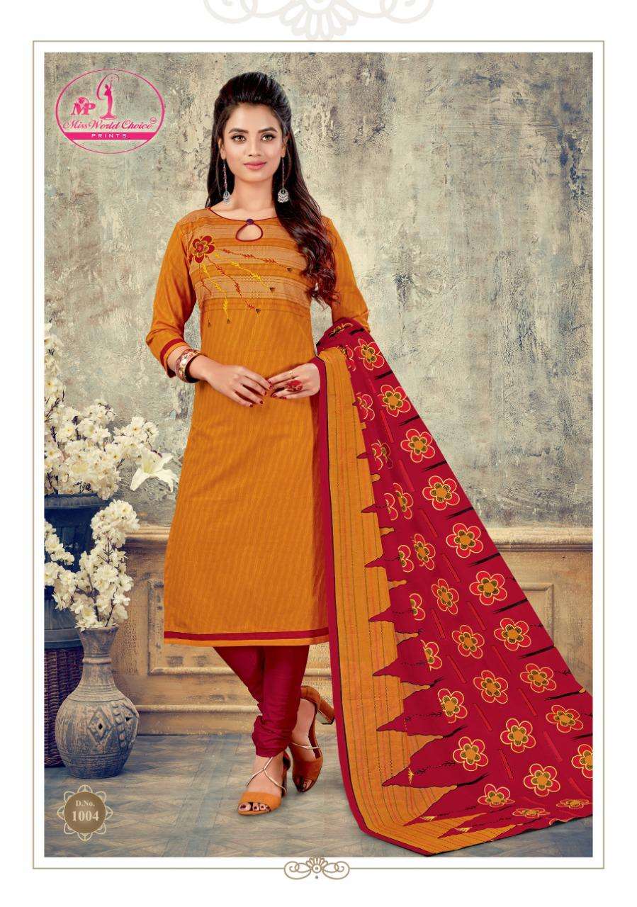 SAHELI BY MISS WORLD CHOICE 1001 TO 1012 SERIES BEAUTIFUL SUITS STYLISH FANCY COLORFUL PARTY WEAR & OCCASIONAL WEAR COTTON PRINTED DRESSES AT WHOLESALE PRICE