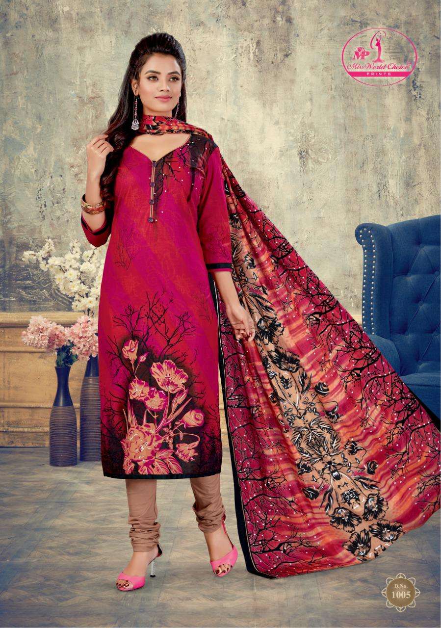 SAHELI BY MISS WORLD CHOICE 1001 TO 1012 SERIES BEAUTIFUL SUITS STYLISH FANCY COLORFUL PARTY WEAR & OCCASIONAL WEAR COTTON PRINTED DRESSES AT WHOLESALE PRICE