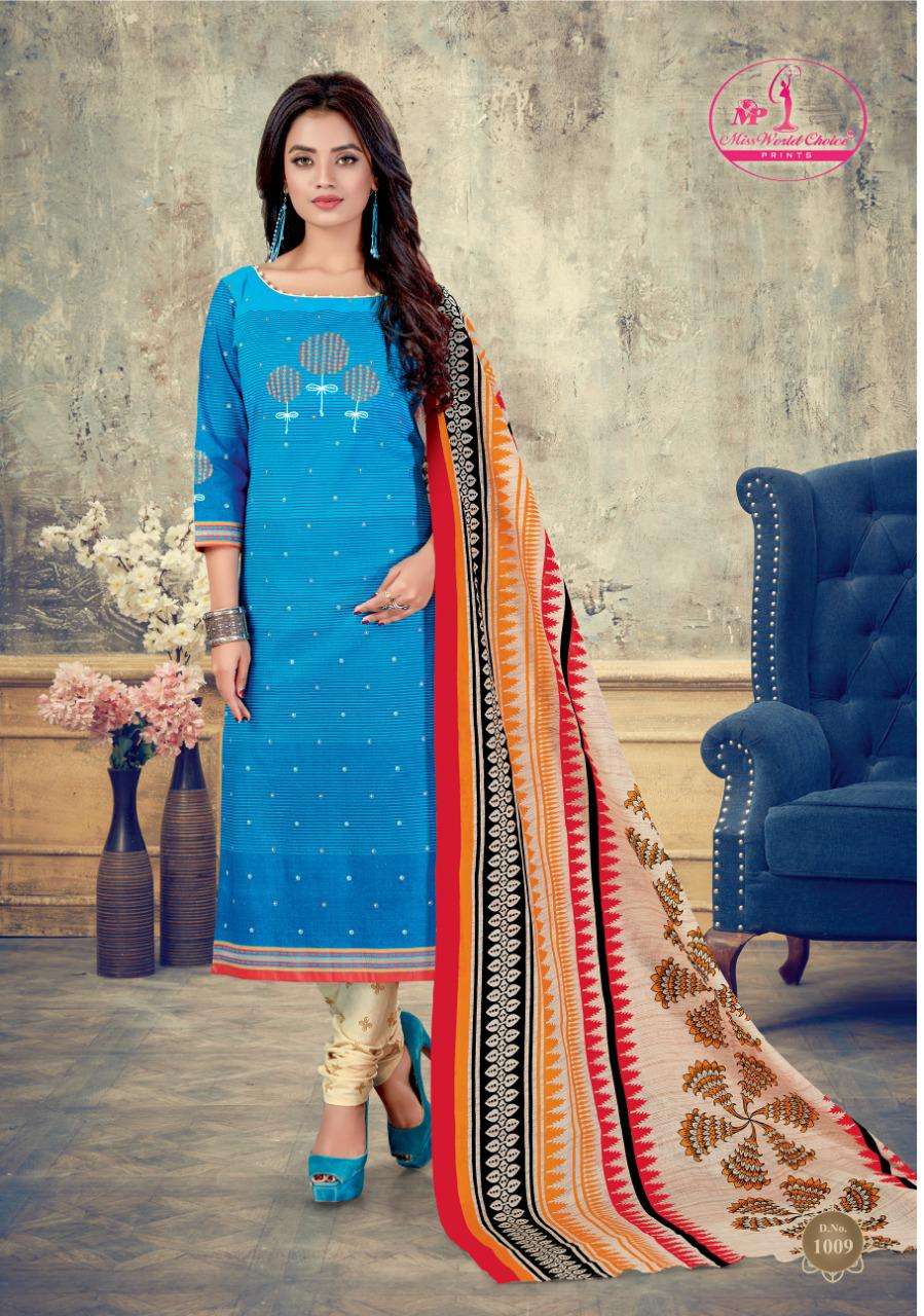 SAHELI BY MISS WORLD CHOICE 1001 TO 1012 SERIES BEAUTIFUL SUITS STYLISH FANCY COLORFUL PARTY WEAR & OCCASIONAL WEAR COTTON PRINTED DRESSES AT WHOLESALE PRICE