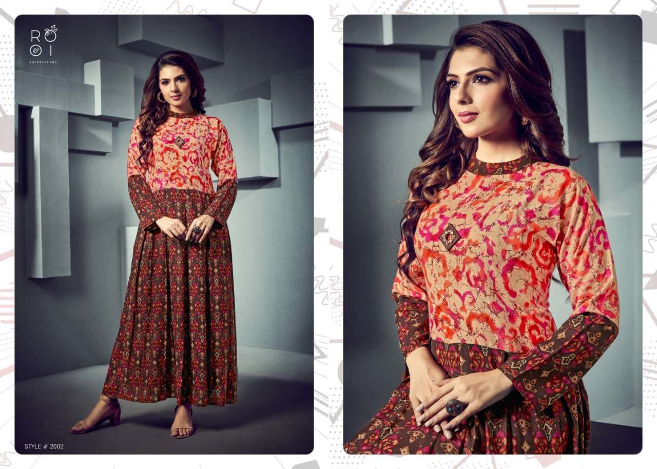 FASHION SEASON BY ROOI 2001 TO 2008 SERIES BEAUTIFUL COLORFUL STYLISH FANCY CASUAL WEAR & ETHNIC WEAR & READY TO WEAR HEAVY RAYON PRINTED WITH EMBROIDERED KURTIS AT WHOLESALE PRICE