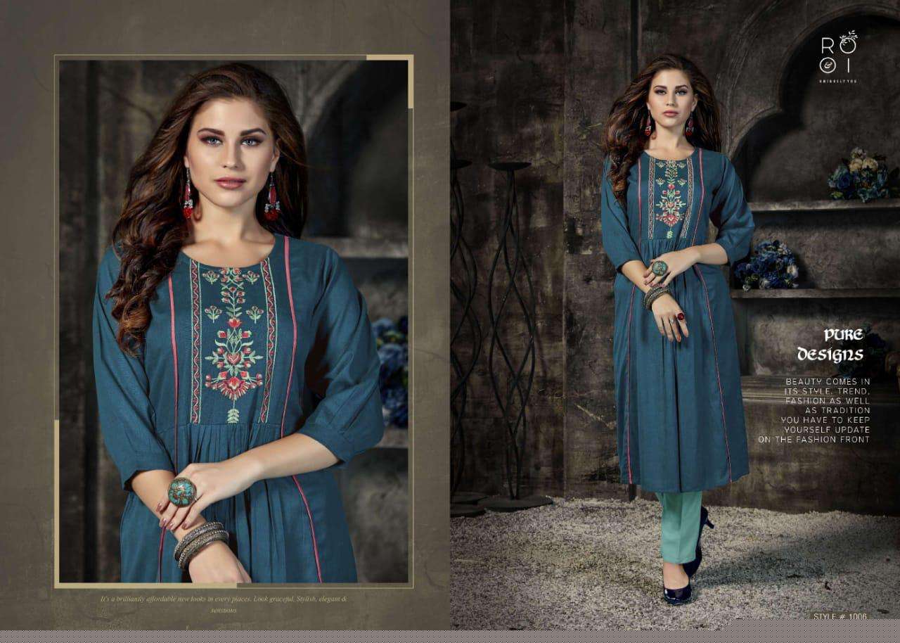 KIARA BY ROOI 1001 TO 1008 SERIES BEAUTIFUL COLORFUL STYLISH FANCY CASUAL WEAR & ETHNIC WEAR & READY TO WEAR HEAVY COTTON FLEX WITH EMBROIDERED KURTIS AT WHOLESALE PRICE