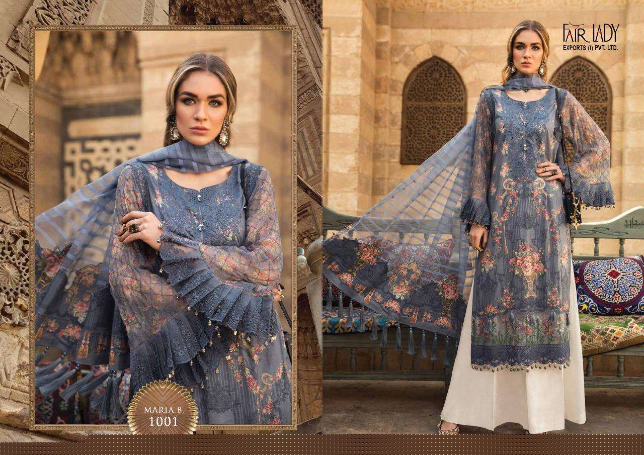MARIA.B.LAWN BY FAIR LADY 1001 TO 1004 SERIES DESIGNER PAKISTANI SUITS BEAUTIFUL STYLISH FANCY COLORFUL PARTY WEAR & OCCASIONAL WEAR JAM SATIN WITH EMBROIDERY DRESSES AT WHOLESALE PRICE