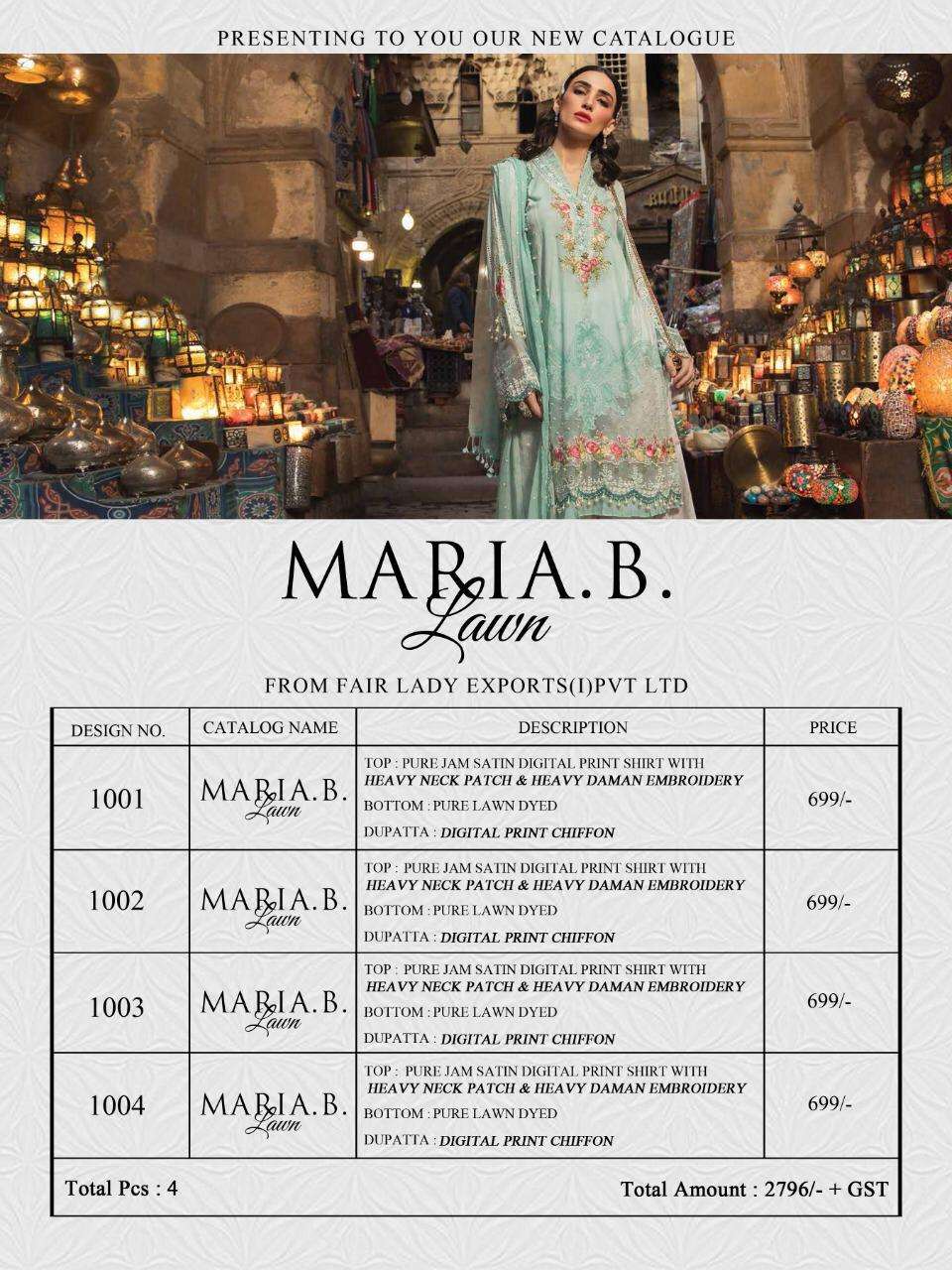 MARIA.B.LAWN BY FAIR LADY 1001 TO 1004 SERIES DESIGNER PAKISTANI SUITS BEAUTIFUL STYLISH FANCY COLORFUL PARTY WEAR & OCCASIONAL WEAR JAM SATIN WITH EMBROIDERY DRESSES AT WHOLESALE PRICE