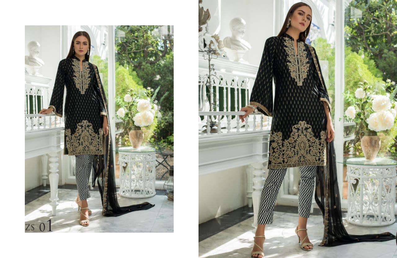 JAIPUR JACQUARD BY ZS TEXTILE 01 TO 08 SERIES BEAUTIFUL SUITS STYLISH FANCY COLORFUL PARTY WEAR & OCCASIONAL WEAR JAIPUR JACQUARD EMBROIDERED DRESSES AT WHOLESALE PRICE