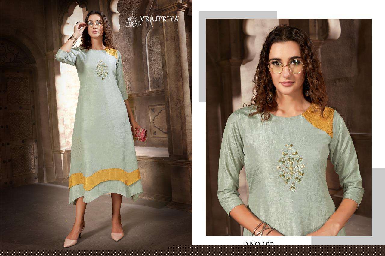 TULSI VOL-1 BY VRAJPRIYA 101 TO 103 SERIES BEAUTIFUL COLORFUL STYLISH FANCY CASUAL WEAR & ETHNIC WEAR & READY TO WEAR DOLA SILK EMBROIDERED KURTIS AT WHOLESALE PRICE